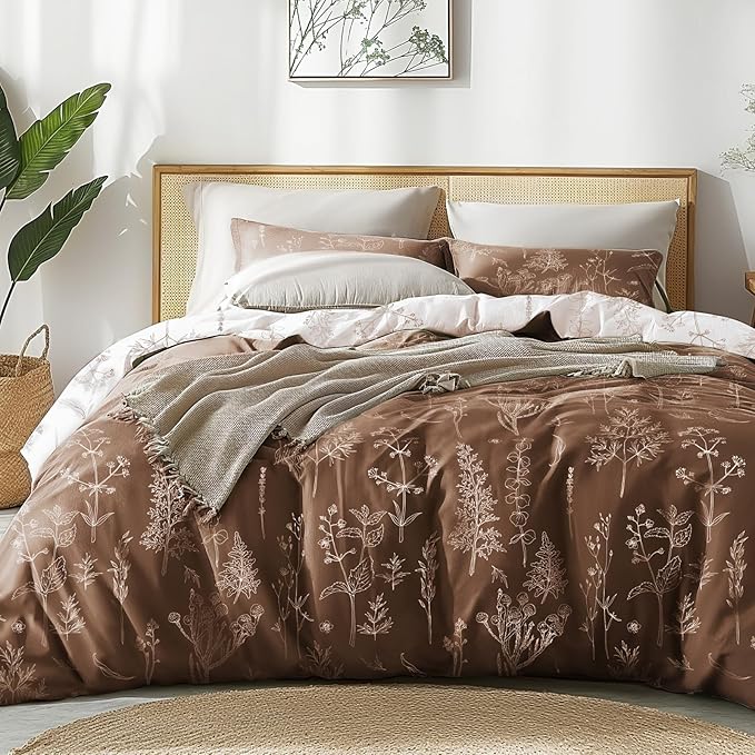 Love's cabin Chocolate Comforter Set Queen - Queen Size Comforter Set, 3 Pieces Cute Floral Bedding Sets for All Seasons,1 Soft Reversible Botanical Flowers Comforter and 2 Pillow Shams