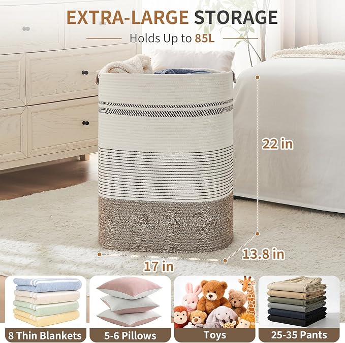 AINUOQI Laundry Hamper - Tall Woven Rope Laundry Basket - Clothes hamper with Leather Handles, 17" X 13.8" X 22", Blanket Storage Basket for Living Room, Rice Brown & White - Image 2