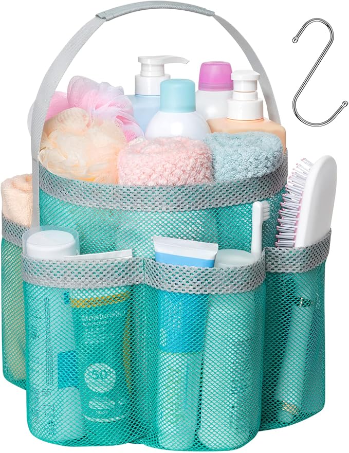 F-color Mesh Shower Caddy Portable, Large Capacity Shower Bag Basket Tote for College Dorm Room Toiletry Gym Rv Essentials, Bathroom with S Hook, Mint Green by F-color