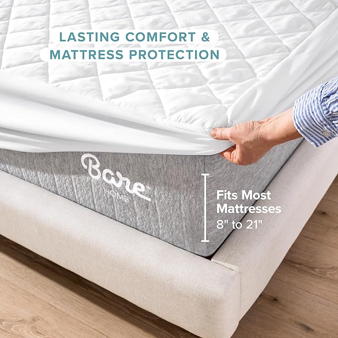 Bare Home Quilted Fitted Mattress Pad (Twin) - Cooling Mattress Cover - Easily Washable - Elastic Fitted Cover for Mattress - Stretch-to-Fit up to 15 Inches Deep (Twin)