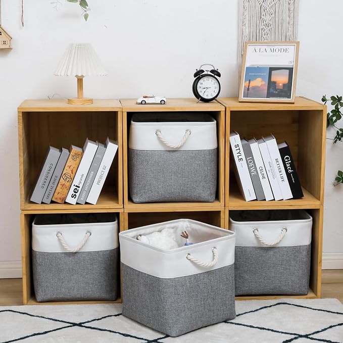 MidmmVick 13 x 13 Inch Cube Storage Bins, 6 Pack Extra Large Collapsible Fabric Storage Bin with Ropes, Foldable Storage Cubes for Home (White & Grey-13"x13"x13") - Image 2