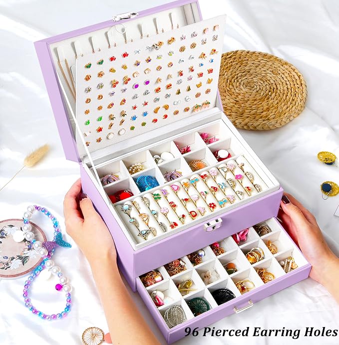 QBestry Earrings Jewelry Box for Girls, 5 Layers Jewelry Organizer with Earring Holder Organizer for Girls Earring Organizer Jewelry Boxes for Women Earrings and Necklaces Jewelry Box Organizer Violet - Image 6
