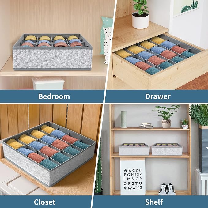 Joyoldelf Sock Drawer Organizer Divider Underwear Organizer 16-cell Fabric Dresser Drawer Organizers Storage Boxes for Socks, Lingerie, Handkerchiefs, Ties 2 Packs Gray - Image 4