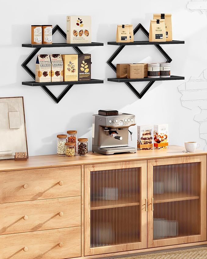 CHOEZON Floating Shelves, Set of 2 Wall Shelves, 2-Tier Hanging Shelves, Wall Shelf Set of 2, Wall Mounted Shelves, for Living Room, Bedroom, Kitchen, Office, Study, Black TBJ01P2BB - Image 3