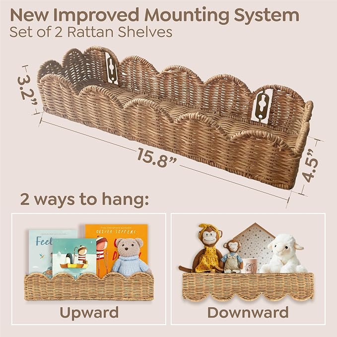 Nursery Book Shelves Set of 2 - Artisanal Natural Rattan Scalloped Book Shelf for Kids Rooms 15.8" W, Cute Wicker Nursery Bookshelf Wall Mounted, Handwoven Floating Kids Bookshelf, Baby Boho Decor - Image 3
