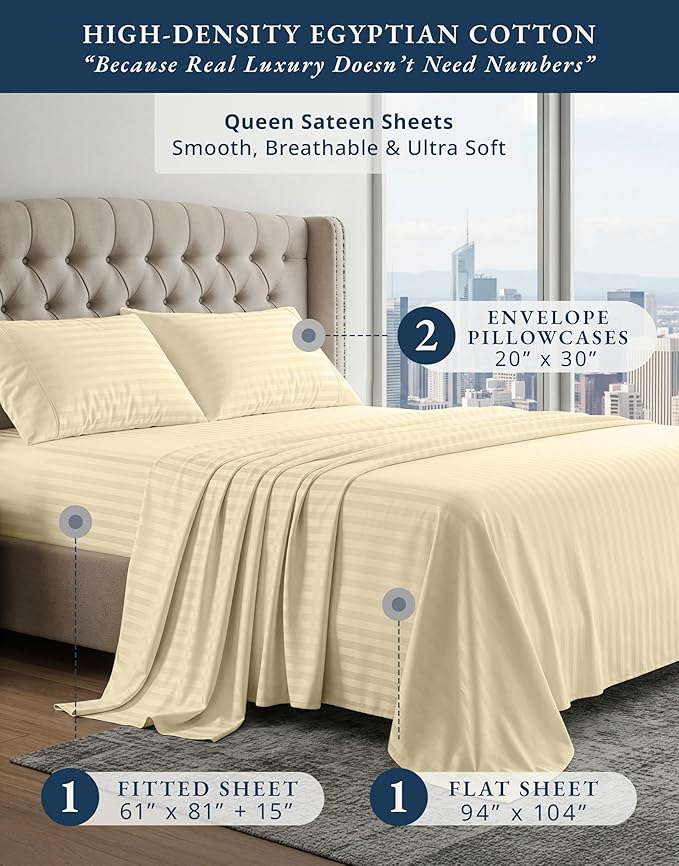 LANE LINEN Striped Sheets Set - 100% Egyptian Cotton 4 Piece Bed for Queen Size Hotel Bedding & Pillowcases 16" Deep Pocket (Fits Upto 17" Mattress) Ivory