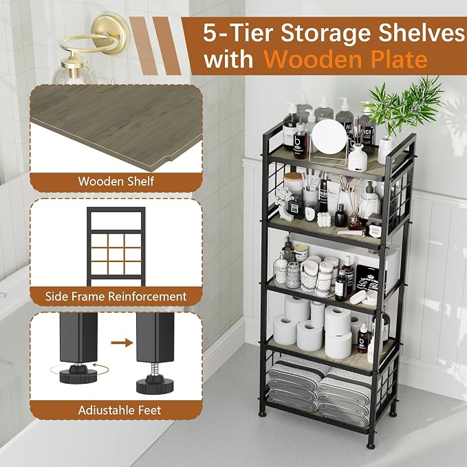 GIOTORENT 5-Tier Pantry Shelves with Wooden Boards, Heavy Duty Storage Shelves & Book Shelf, Adjustable Metal Shelving Unit for Kitchen Bathroom Laundry Organizer, Sturdy Rust-Resistant, Black - Image 4