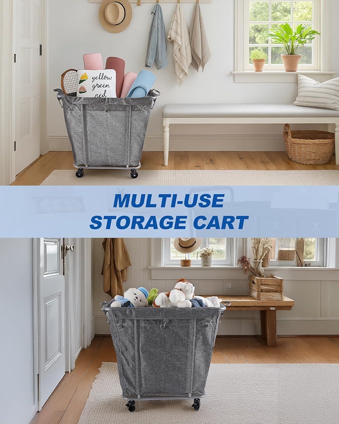 PLKOW Laundry Cart with Wheels 320L Large Rolling Laundry Cart for Commercial/Home, Rolling Laundry Basket with Steel Frame and Waterproof Lining, 9 Bushel, 32.3L x 19.7W x 30.7H Inch, Grey - Image 5
