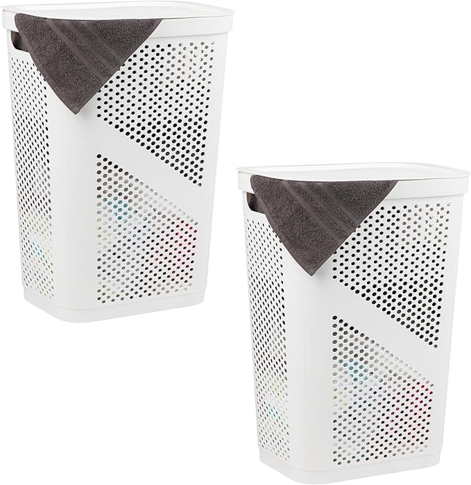 Mind Reader 60L Slim Laundry Hamper, Clothes Basket, Lid, Ventilated, Plastic, Set of 2, White by MindReader