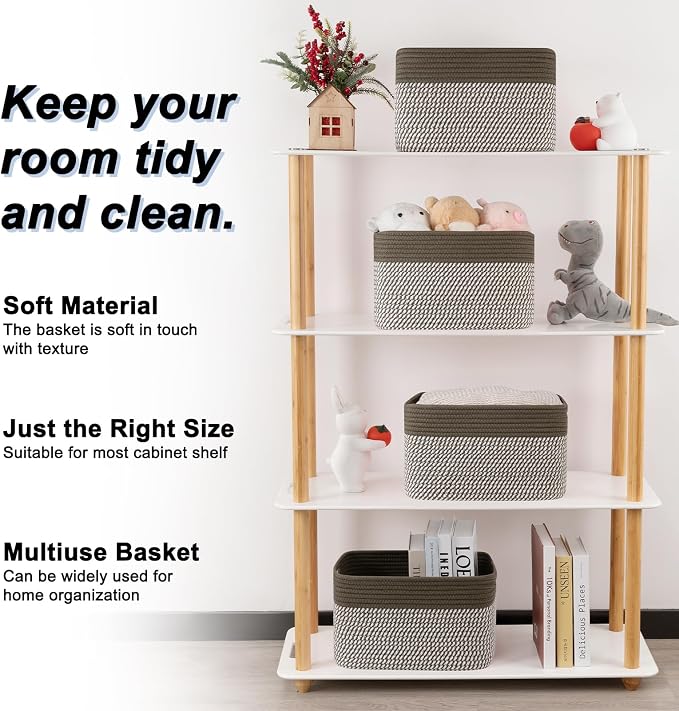 4 Pack Storage Baskets for Organizing, Woven Baskets for Shelves - Perfect for Toys, Books, Towels, and Clothes, Durable Gift Basket Bins Toy Storage, 12.7''Lx9''Wx7.8''H, Green & White - Image 3