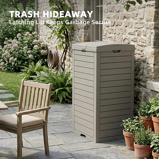 EFU 38 Gallon Outdoor Trash Can with Lid & Drip Tray, Waterproof Garbage Can for Patio Backyard Deck Porch, Heavy Duty Waste Container Bin，Light Coffee - Image 4
