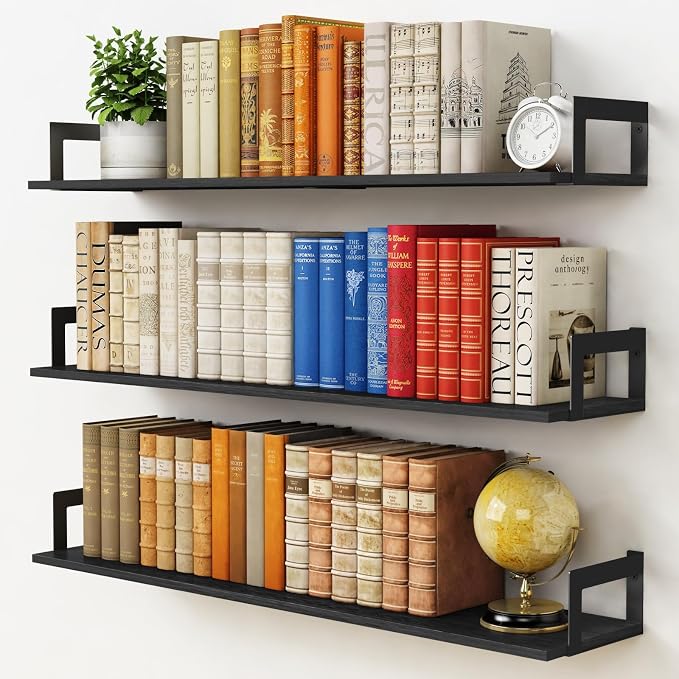 Harwaya Large Floating Book Shelves for Wall Set of 3, 36 Inch Long Wall Mount Bookshelf for Bedroom, Heavy Duty Wood Hanging Bookshelves for Books, Laundry Living Room Classroom Library -Black by Harwaya