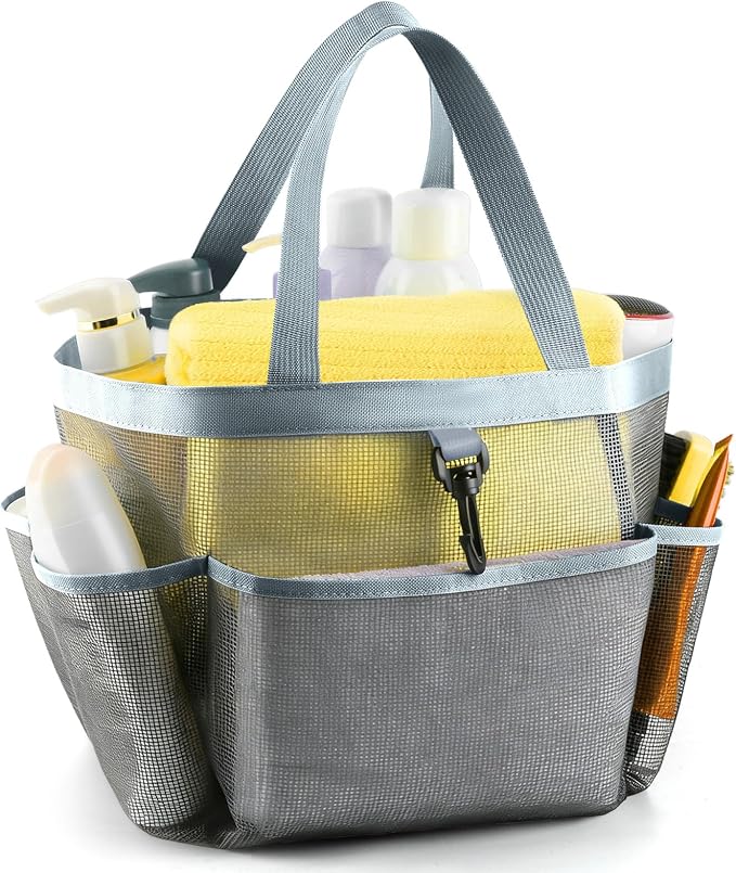 LOYEE Mesh Shower Caddy Portable for College Dorm Room Essentials with 8 Pockets, Shower Bag for Beach, Swimming, Gym, Travel, Bathroom(All gray) by LOYEE