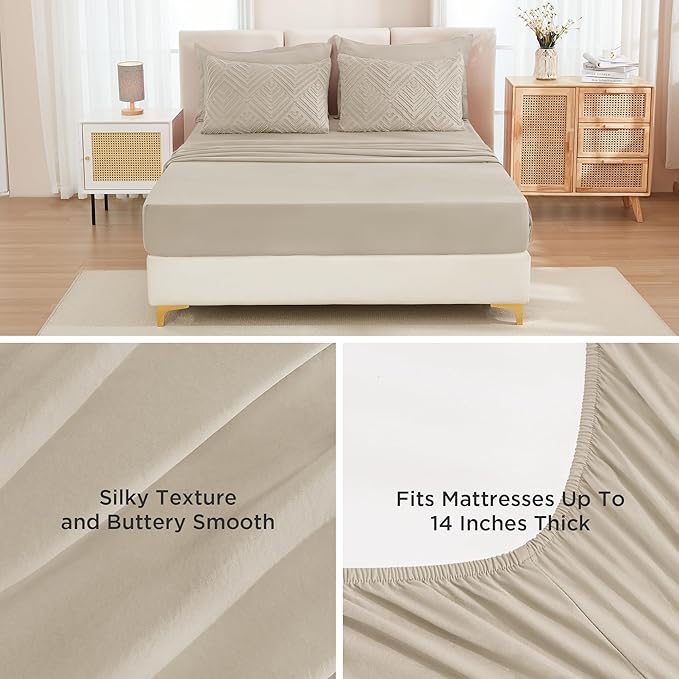 Andency Oatmeal Super King Size Comforter Set with Sheets - 7 Pieces Bed in a Bag Boho Tufted Bedding Sets Fluffy Lightweight Super King Bed Set with Comforter, Sheets, Pillowcases & Shams