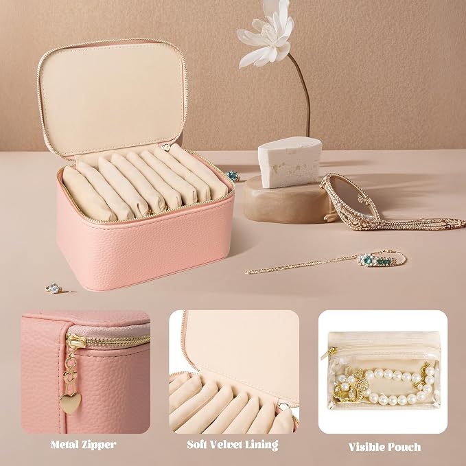 Travel Jewelry Case, Portable Jewelry Box with 6 Jewelry Bags,Travel Gift for Women Teen Girls (Pink 8 Pcs) - Image 3