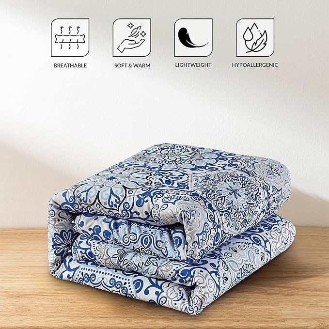LUX Décor Reversible 4pc Twin Comforter Set, Printed Bedding Set, Microfiber Bed in a Bag, Includes 1 Comforter, 1 Pillow Sham, 1 Decor Pillow & 1 Bed Skirt (Aztec Blue,Twin)