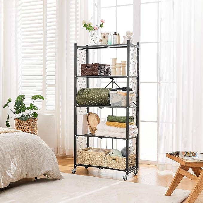 BRIAN & DANY 5-Tier Foldable Storage Shelves with Wheels, Folding Metal Rack Shelving Unit, Heavy Duty No Assembly Organizer Shelf for Garage, Kitchen, Basement, Pantry, Black - Image 2