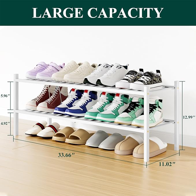Smiry Shoe Rack, 2 Tier Long Bamboo Shoe Organizer, Stackable Free Standing Wooden Shoe Storage Shelf for Closet, Entryway, Front Door Entrance, White - Image 2