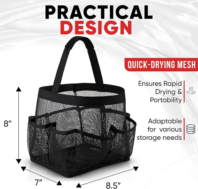 Masirs Shower Caddy Mesh - 9 Pocket Portable Bathroom Organizer Tote for Travel, Gym & Dorm - Collapsible Small Shower Caddy Bag to Hold Toiletries & Essentials (Black) - Image 3
