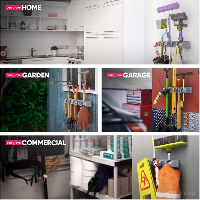 Berry Ave Broom Holder & Wall Mount Garden Tool Organizer- Kitchen, Closet, Garage & Laundry Room Storage With 5 Slots And 6 Hooks- Wall Holder For Broom, Rake & Mop Handles Up To 1.25” [Gray, 2 Pack] - Image 3