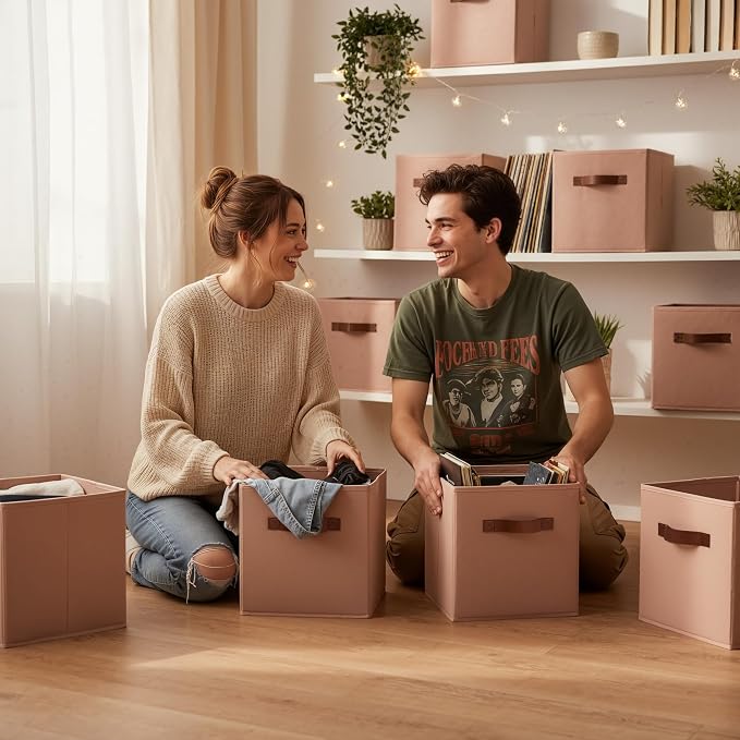 GRANNY SAYS Cube Storage Bins, 11 Inch Cube Storage Organizer, Fabric Storage Bins with PU Handle, Clothing Storage Baskets for Shelves, Closet, Dusty Pink, 6-Pack - Image 4