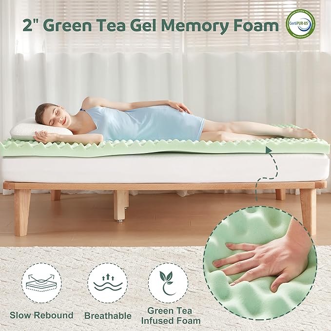 Memory Foam Mattress Topper Twin, 4inch Dual Layer Cooling 2''Gel Green Tea Memory Foam & 2" PillowTop Mattress Pad, 8-21inch Deep Pocket, Egg Crate for Back Pain Relief
