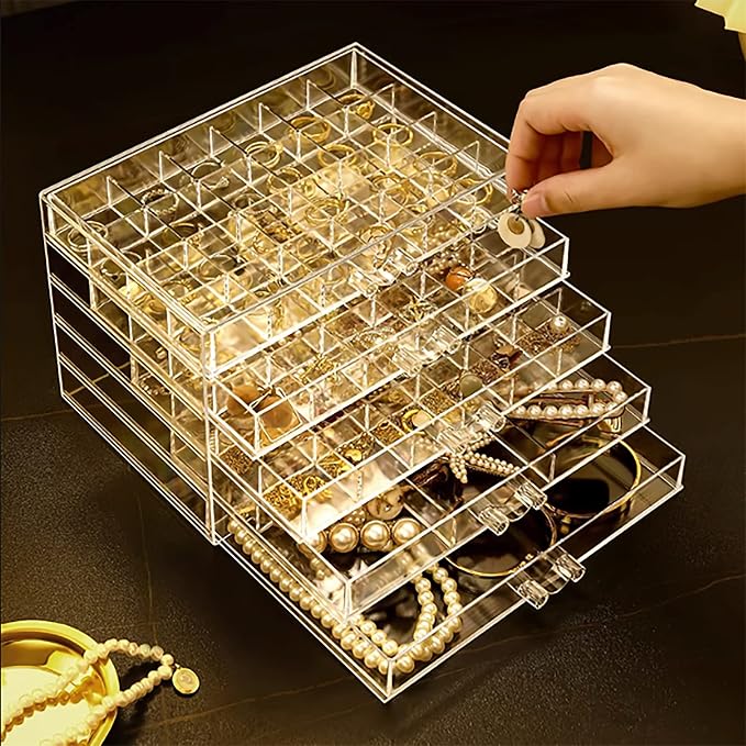 Clear Jewelry Box, Jewelry Organizer with 5 Drawers, 5-Layer Acrylic Storage Box for Women, Earring Display Holder for Earrings Ring Bracelet Necklace 79 Grid Compartment Earring Organizer - Image 4