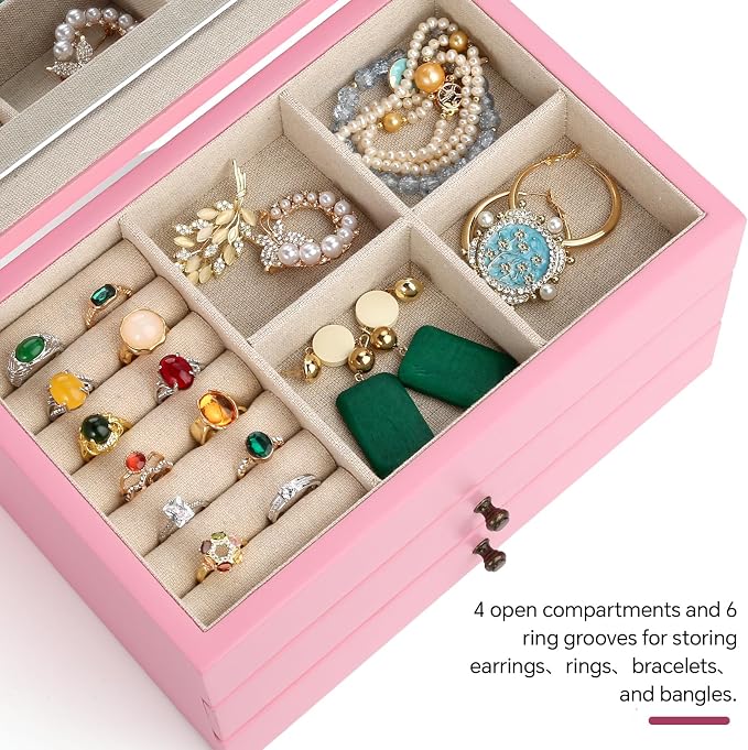 Meangood Jewelry Box Organizer for Women, 3 Layer Large Jewelry Storage Case, Rustic Wooden Jewelry Box with Mirror & Ring Tray for Necklace Earring Bracelets Rings, Vintage Style (Pink) - Image 5