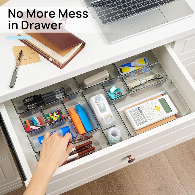Vtopmart 25 PCS Office Desk Drawer Organizers Set, 4-Size Versatile Plastic Drawer Organizer Trays, Storage Bins for Desk Accessories Office Organizers and Storage, Bathroom, Makeup, Vanity - Image 4
