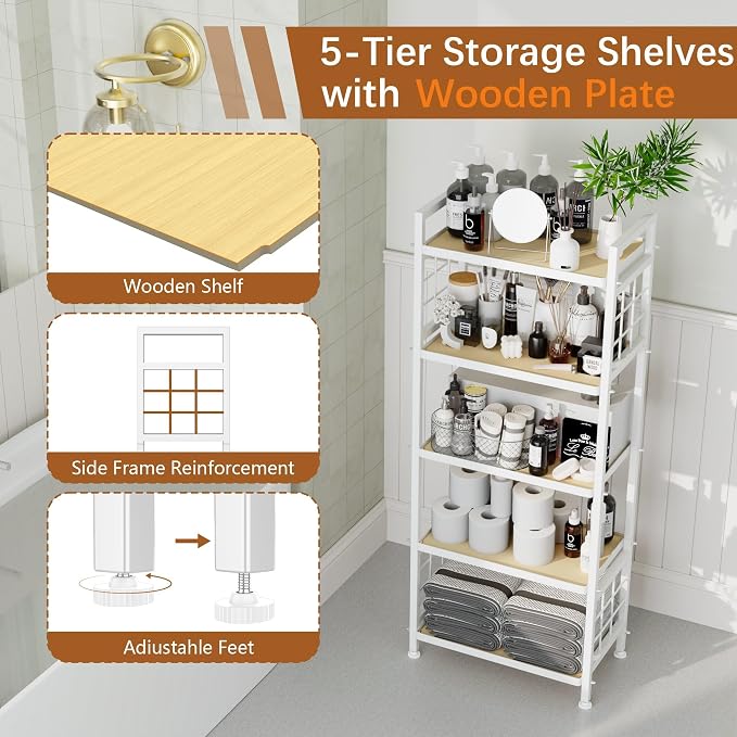 GIOTORENT 5-Tier Pantry Shelves with Wooden Boards, Heavy Duty Storage Shelves & Book Shelf, Adjustable Metal Shelving Unit for Kitchen Bathroom Laundry Organizer, Sturdy Rust-Resistant, White - Image 4