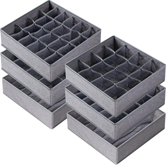 Criusia 6 Pack Large Drawer Organizer for Sock Underwear - Washable Heavy Duty Fabric Closet Organizers and Storage Bins - 90 Cells Dresser Organizer Divider for Baby Clothes, Ties, Belt (Grey) by Criusia