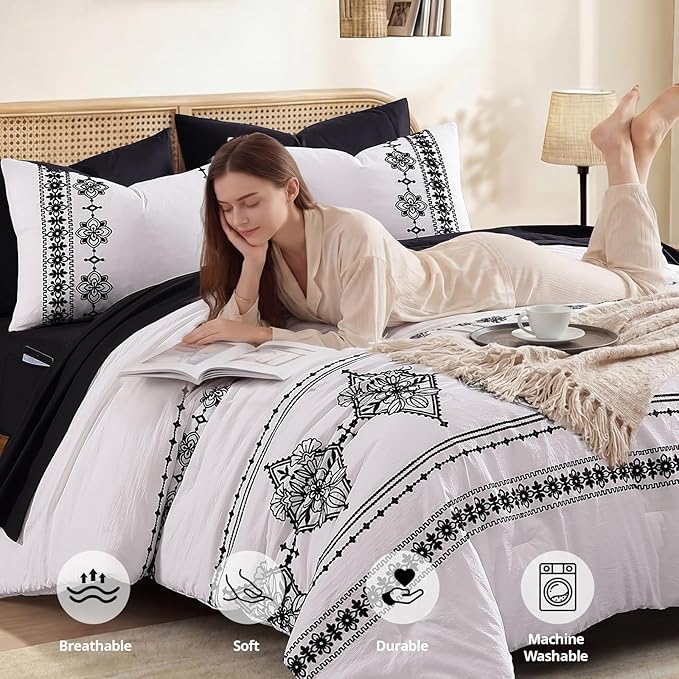 MaiRêve King Size Comforter Set Frost White, Embroidery Floral Western Boho Bedding Set, All Season 7 Pieces Bed in a Bag with Sheets, Pillowcases & Shams