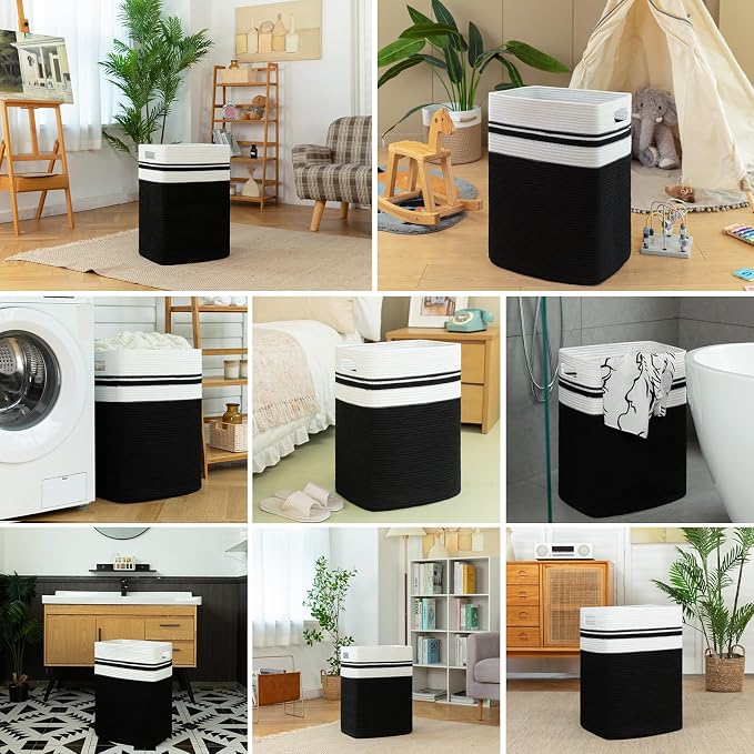OIAHOMY 91L Laundry Hamper, XXXLarge Laundry Basket, Collapsible Cotton Rope Basket,Woven Storage Basket for Blankets,Clothes,Pillows-16x15x24-Black&white - Image 6
