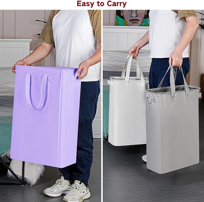 efluky Slim Laundry Basket, Narrow Laundry Hamper with Handles, Collapsible Dirty Clothes Hamper, Tall Laundry Bin for Laundry Room, Dorm and Bedroom, 19.8 Gallon (75L) Light Purple - Image 5