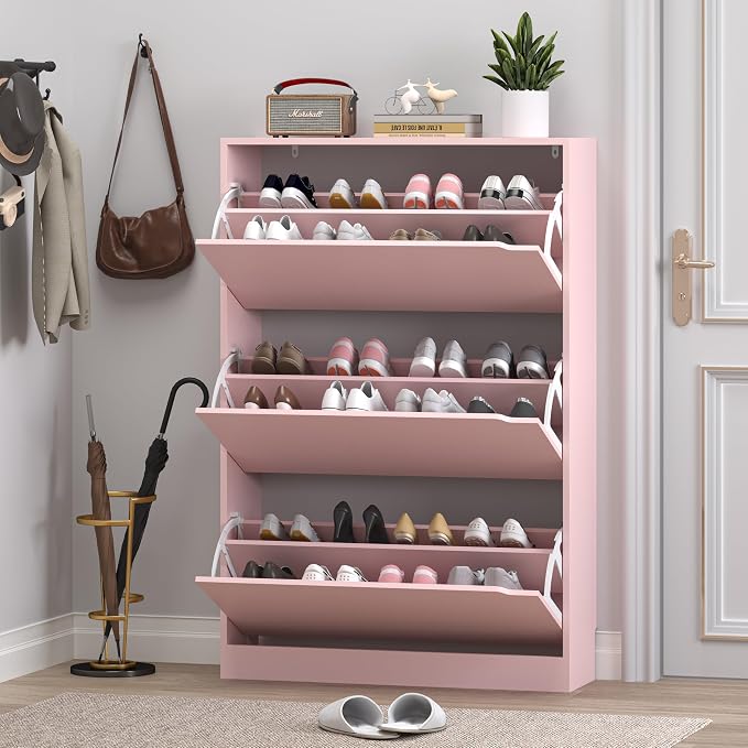 BORNOON Shoe Cabinet with 3 Flip Drawers, Hidden Wood Shoe Cabinet,Freestanding Shoe Storage Cabinet for Entryway Hallway.White. 47.2" H*31.5" W*9.45" D (Pink) - Image 7