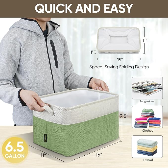 BALEINE 2 Pack Fabric Closet Storage Bins for Shelves, Linen Closet Organizers and Storage, Decorative Baskets for Organizing, Shelf, Clothes, Home, Office (Green, 15''x11''x9.5'') - Image 4