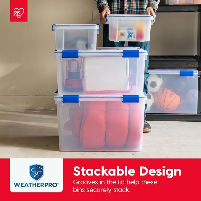 IRIS USA WeatherPro 16 Qt Storage Bins with Lids, 3 Pack, BPA-Free Plastic Gasket Box with Tight Latch and Seal, Stackable Nestable Tote Tub - Clear/Blue - Image 7