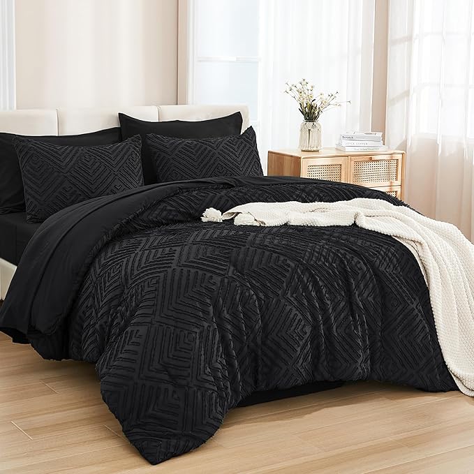 Andency Super King Plus Comforter Set with Sheets Black - 7 Pieces Bed in a Bag Oversized King Boho Lightweight Fluffy Tufted Bedding Sets with Comforter, Sheets, Pillowcases & Shams
