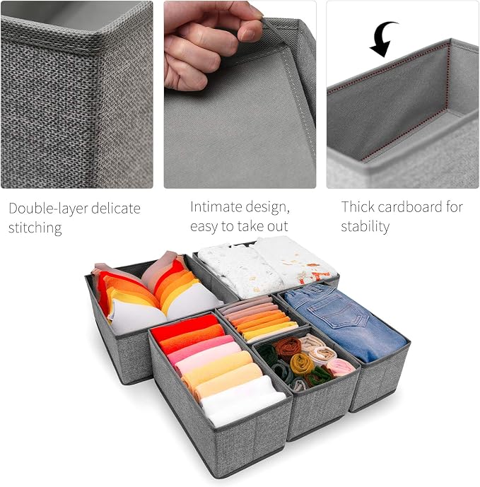 Criusia Foldable Underwear Drawer Organizer, Closet Dividers, Storage Box for Clothes, Socks (6 Bins, Gray) - Image 2
