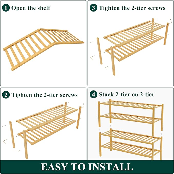 Smiry Bamboo Shoe Rack for Closet, 4 Tier Long Wooden Stackable Shoe Organizer, Free Standing Shoes Storage Shelf for Entryway, Front Door Entrance, Natural - Image 6