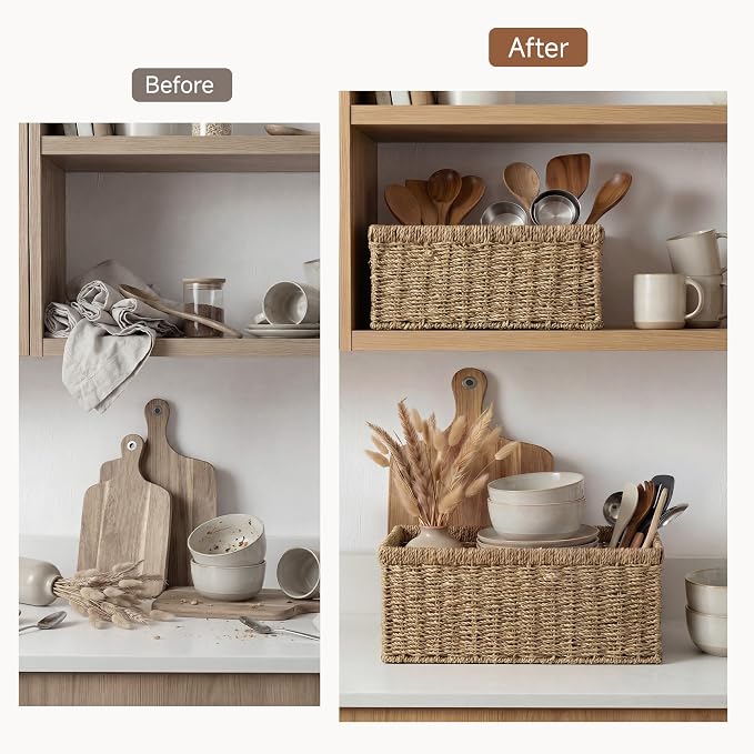 StorageWorks Wicker Storage Baskets, Handwoven Seagrass Basket for Organizing, Decorative Organizers with Built-in Handles, Set of 2 - Image 6