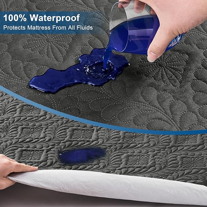 Sufdari Full Quilted Fitted Waterproof Mattress Cover, Breathable & Noiseless Mattress Pad, Ultra Soft Bed Cover Fits Up to 8-18" Deep Pocket Dark Grey