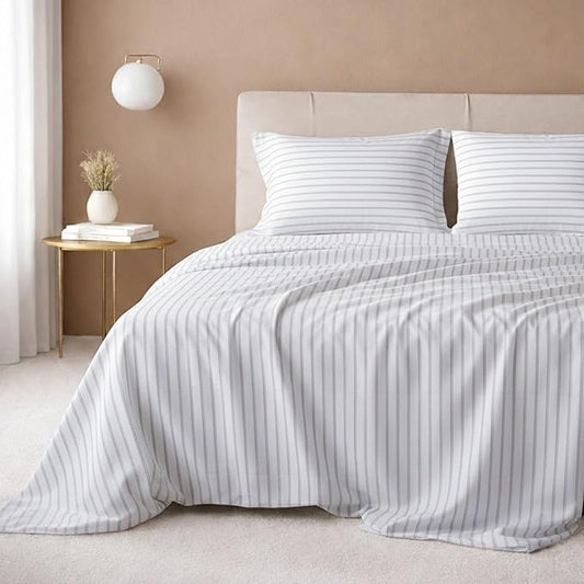 California Design Den California King Sheet Set - 100% Cotton, 600 Thread Count, Deep Pocket, Soft Sateen Premium Cal King Sheet Set - Ticking Stripe Pattern