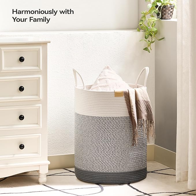 Nunsino Laundry Hamper 62L,Large Laundry Basket for Clothes,Decorative Storage Basket for Blankets,Cotton Rope Woven basket for bedroom,Grey White - Image 2