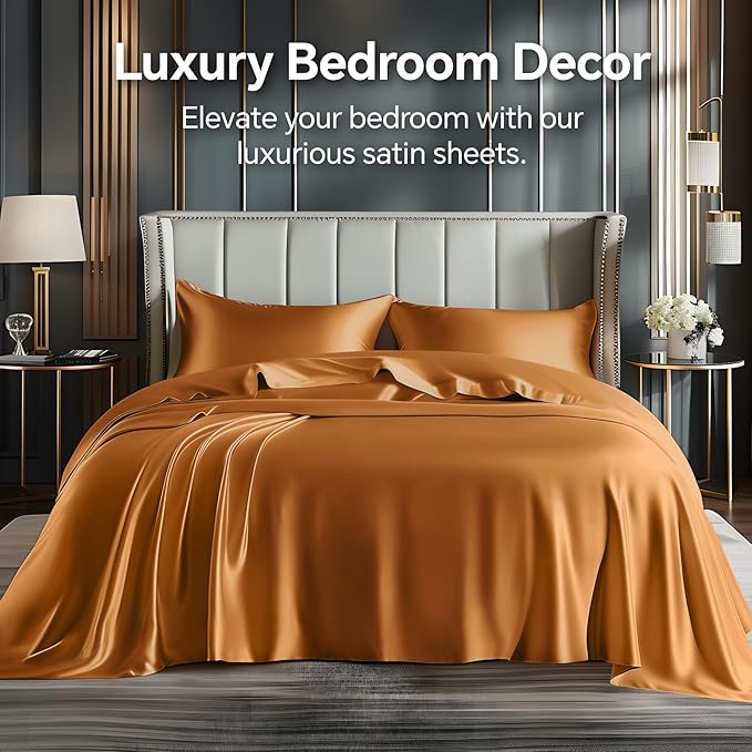 BEDELITE King Size Sheets Set, Luxury Soft Burnt Orange Satin Sheets for Hair and Skin, Similar to Silk Bed Sheets Set 4 Pieces with 1 Deep Pocket Fitted Sheet, 1 Flat Sheet, and 2 Pillowcases