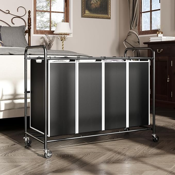 ROMOON Laundry Hamper Sorter Cart: 4-Section Organizer with Heavy-Duty Lockable Wheels and Removable Bags | 180L Rolling Laundry Basket for Dirty Clothes in Laundry Room or Small Spaces (Black) - Image 2