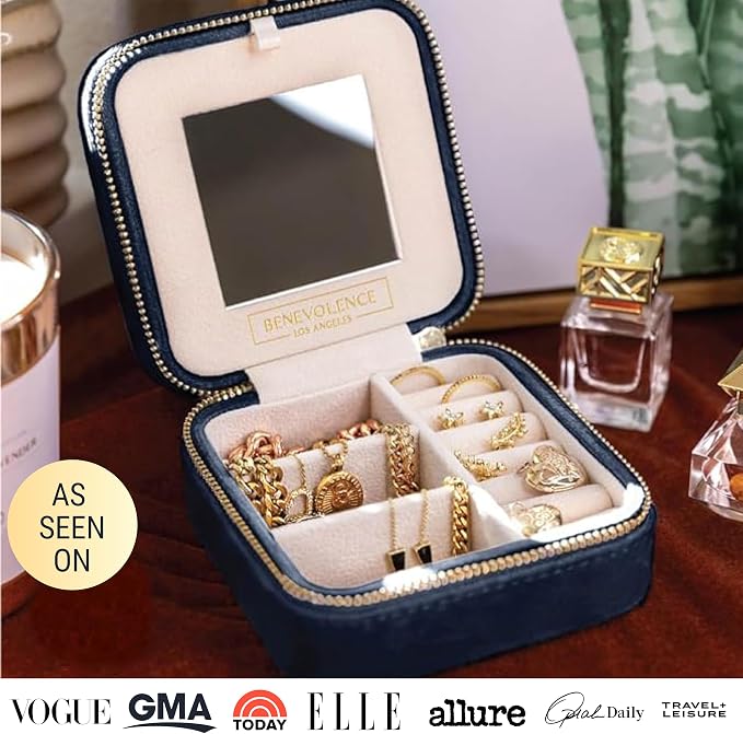 Benevolence LA Plush Velvet Jewelry Box | Travel Jewelry Case Organizer with Mirror | Featured in Oprah's Favorite Things | Best Gifts For Daughter, Girlfriend, Mom | Gifts For Her - Navy Blue - Image 6