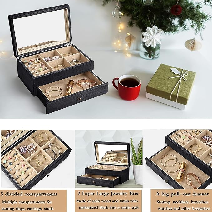 Meangood Jewelry Box Organizer for Women, 2 Layer Large Jewelry Storage Case, Rustic Wooden Jewelry Box with Mirror & Ring Tray for Necklace Earring Bracelets Rings, Vintage Style (Black) - Image 2