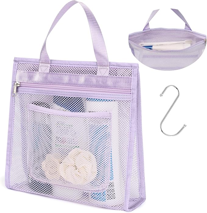 F-color Mesh Shower Caddy Portable Hanging - 3 Pockets Small Shower Bag Tote for Camping, Gym, Travel, Toiletry, Quick Dry Bathroom Essentials with S Hook, Purple by F-color