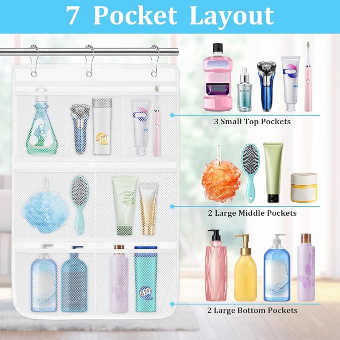2 Pack Mesh Shower Caddy Hanging Organizer with 7 Pockets, Quick Dry Bathroom Storage Bag, Cruise Cabin and Dorm Essentials for Travel, Toiletry Organizer for Shampoo Soap - Image 3